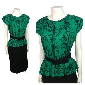 1980s Green and Black Floral Peplum Waist Dress / Women’s Small